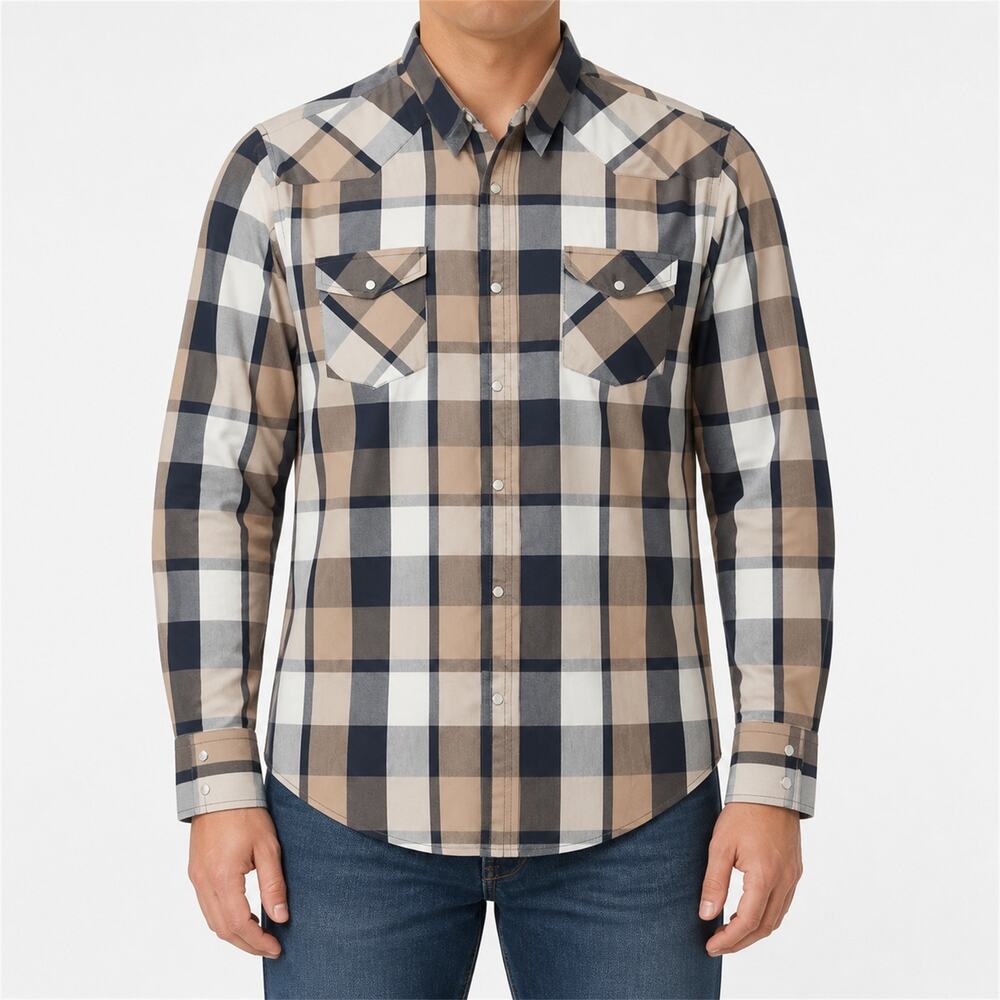 Coastal Shirt Men 2XL Blue Beige Western Pearl Snap Plaid Cotton Pockets Classic